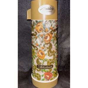 Vintage Aladdin Thermos The Suburbanite Pint Retro Brown Needlepoint Made In USA